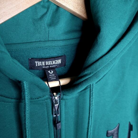 NWT True Religion Buddha Fleece Jacket Green Overlap Full Zip Hoodie Medium New - Picture 4 of 10